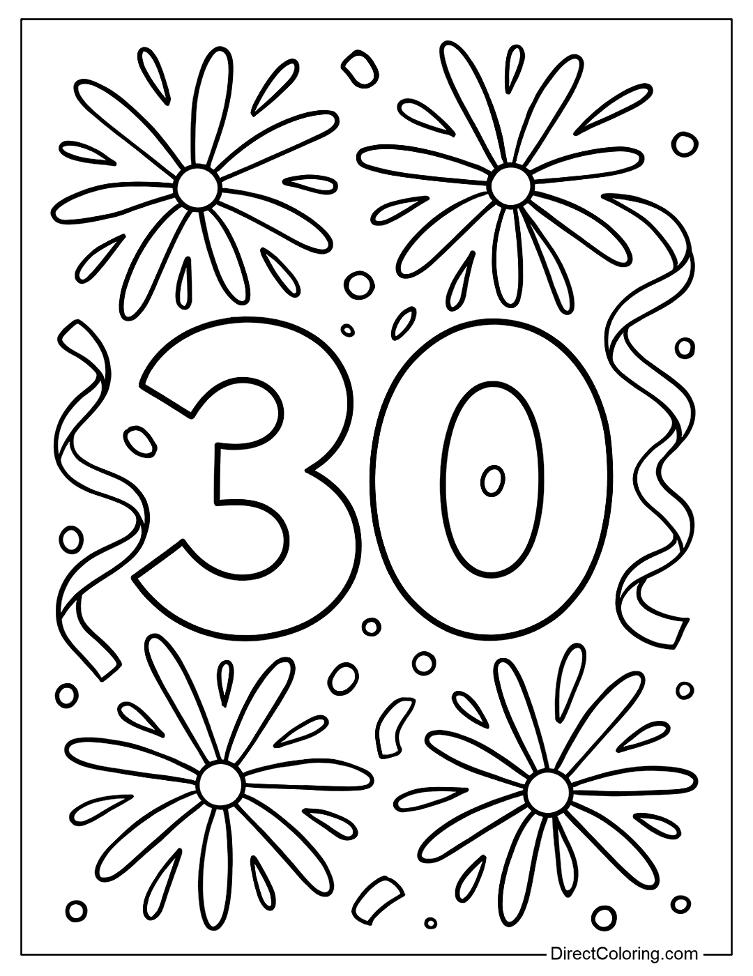 Number 30 Coloring Page with fireworks and ribbons celebrating like a birthday
